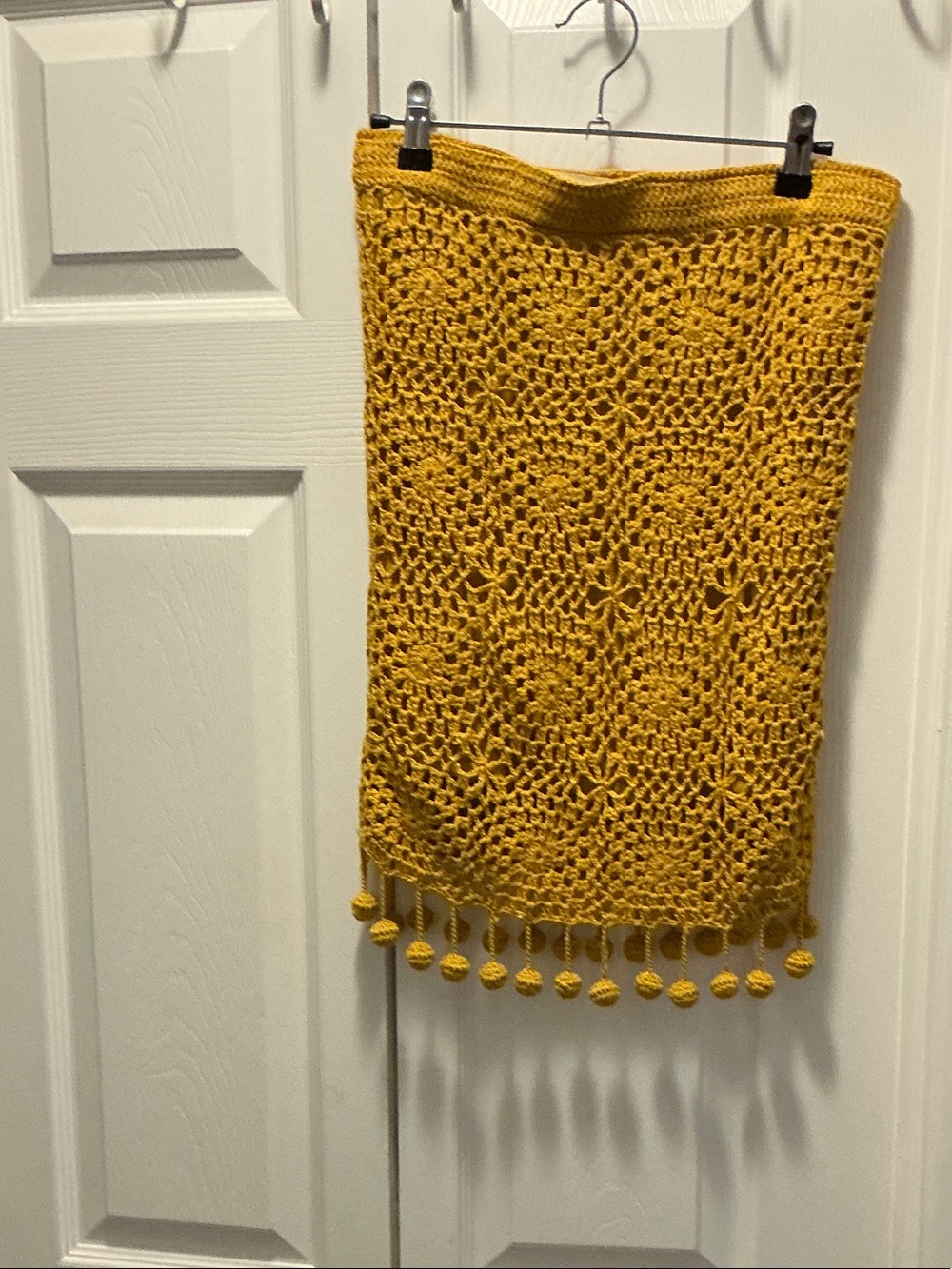 Honey Punch Mustard Crochet Midi Skirt with Pom Fringe